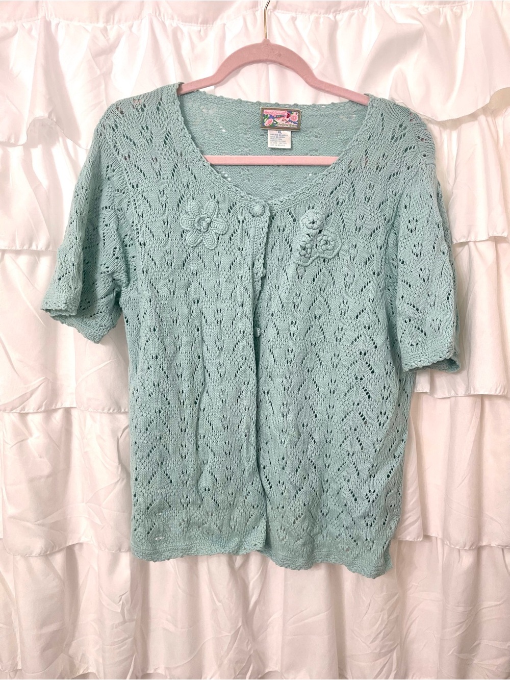 April Cornell Mint Short-Sleeve Crochet Cardigan